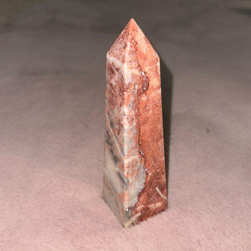 Onyx Obelisk Marble Stone Tower Point Pakistan Paperweight Coral Pinks and Grays
